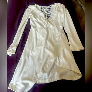New Small Hand made white long sleeve dress with strappy back and front slit